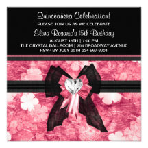 Black Hot Pink Flowers Quinceanera Invitations