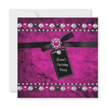 Black Hot Pink Girls Birthday Party Invitations