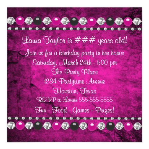 Black Hot Pink Girls Birthday Party Invitations
