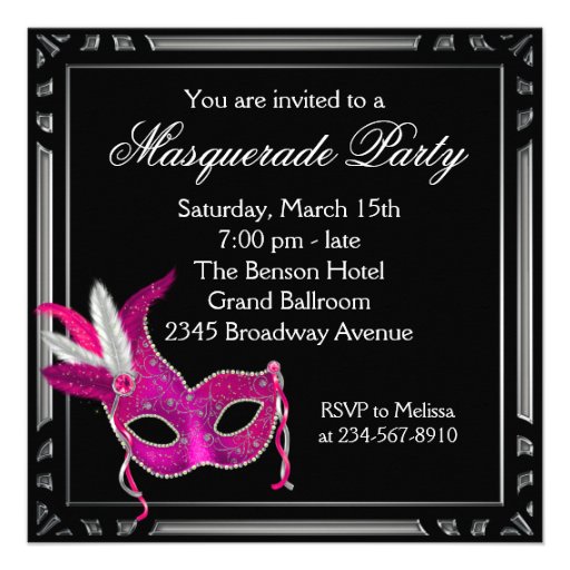 Black Hot Pink Masquerade Party Custom Invites