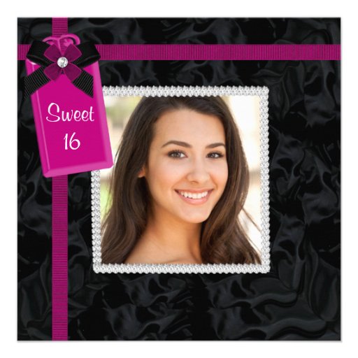 Black Hot Pink Photo Sweet 16 Birthday Party Personalized Invite