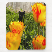 Black Kitten in the Tulip Garden Mousepad mousepads