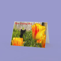 Black Kitten in Tulips greeting card cards