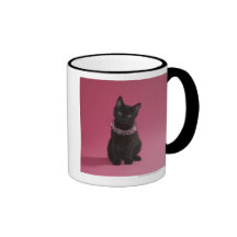 Black kitten wearing jeweled necklace mugs