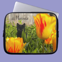 Black Kitty in the Tulips Laptop Sleeve laptop sleeves