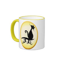 Black Kitty Watching You Oval Mugs