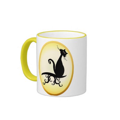 Black Kitty Watching You Oval Mugs by Lotacats
