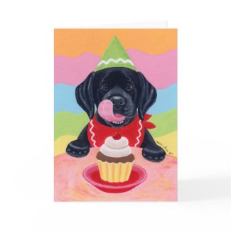 Black Lab Puppy Birthday Cupcake Painting Greeting Card