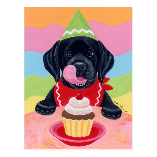 Black Lab Puppy Birthday Cupcake Painting Postcard