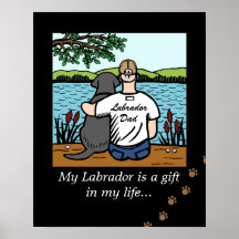 Black Labrador and Dad Cartoon Poster