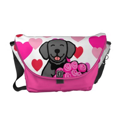 Black Labrador Cartoon Roses Messenger Bags by HappyLabradors