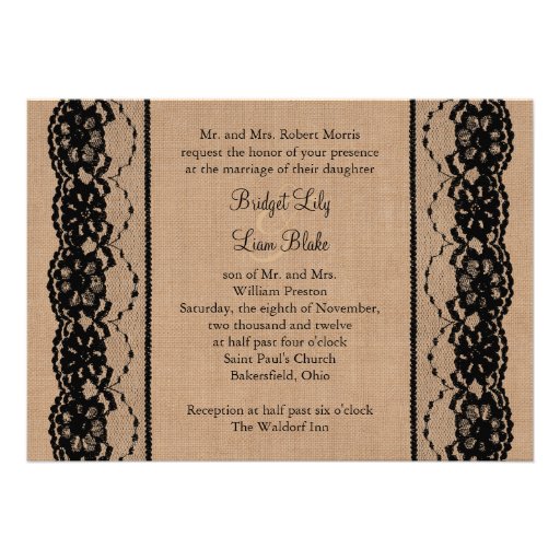 Black Lace and Burlap Wedding Invitation (front side)