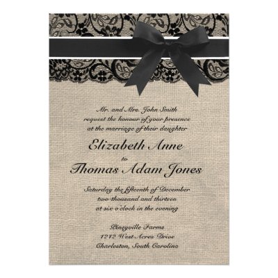 Black Lace and Burlap Wedding Invitation