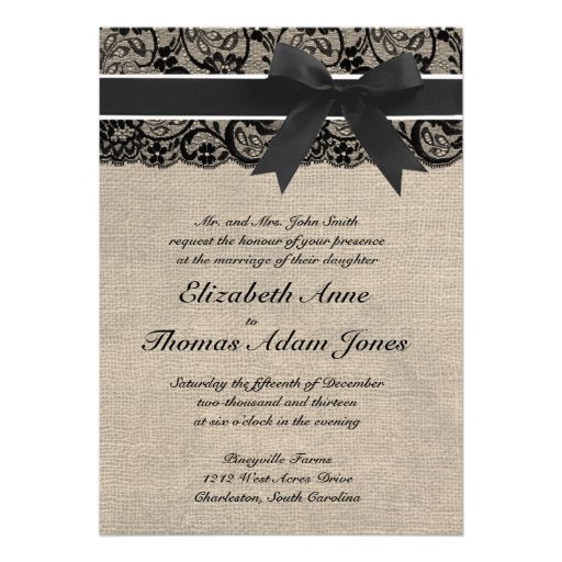 Black Lace and Burlap Wedding Invitation