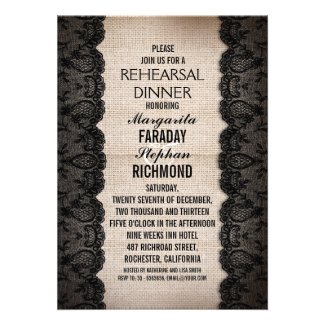 black lace and rustic burlap rehearsal dinner invite
