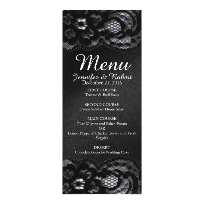 Black Lace and Satin Wedding Menu Card Custom Invite
