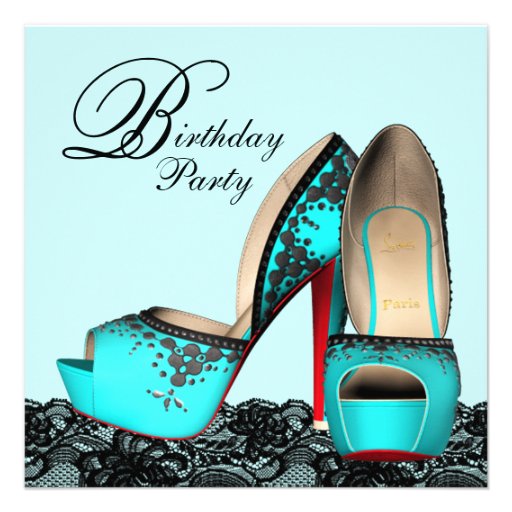 Black Lace High Heel Shoe Teal Blue Birthday Party Personalized Invitations