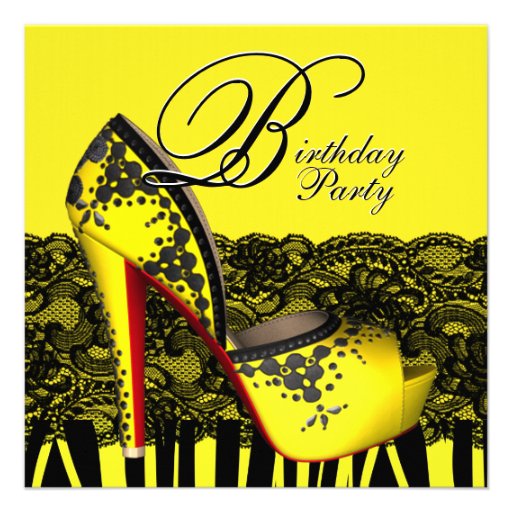 Black Lace High Heel Shoes Yellow Birthday Party Personalized Announcements