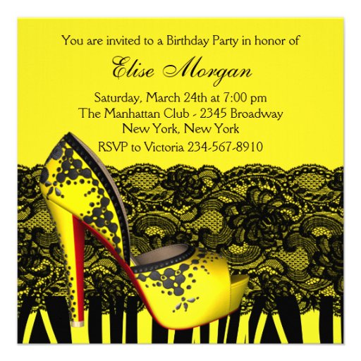 Black Lace High Heel Shoes Yellow Birthday Party Personalized Announcements