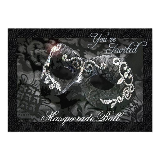 Black Lace Mask Jeweled Masquerade Ball Invitation (front side)