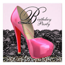 Black Lace Pink Leopard Birthday Party Invitations