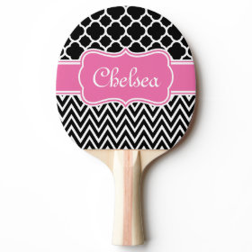 Black Lattice / Chevron Patterns Pink Name Ping Pong Paddle