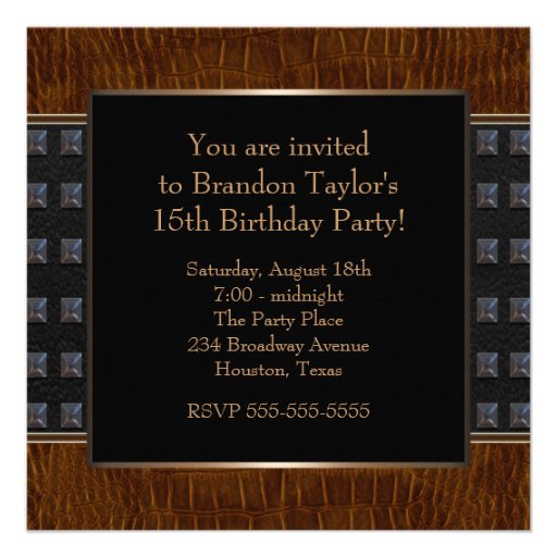 Black Leather Boys 15th Birthday Party Personalized Invite