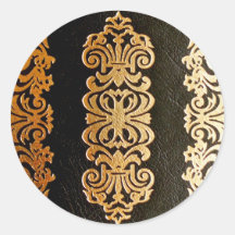 Black Leather Gold Embossed Pattern Round Stickers