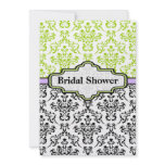 Black lime purple damask wedding bridal shower invitation