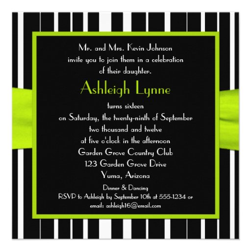 Black, Lime, White Sweet 16 Invitation FAUX Bling