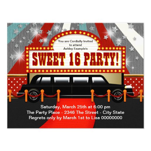 Black Limo Movie Star Sweet 16 Party Announcements