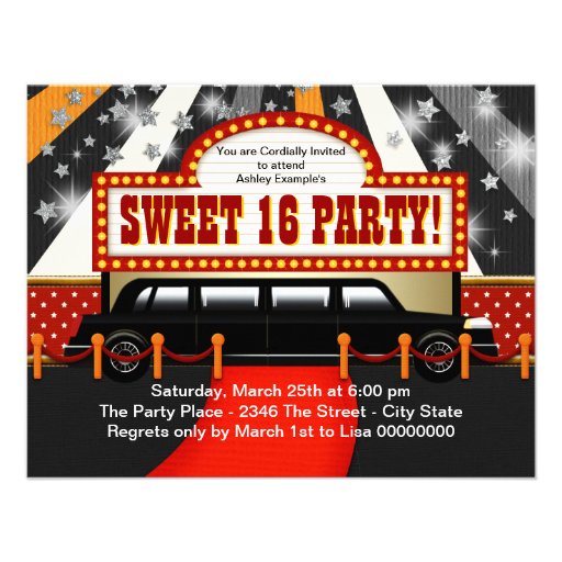 Black Limo Movie Star Sweet 16 Party Invite