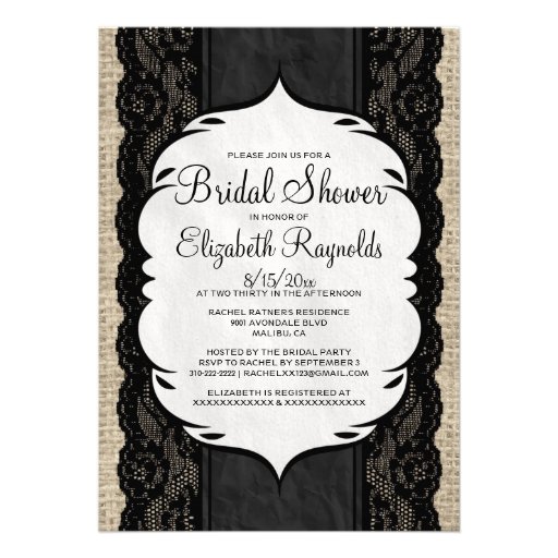 Black Linen Burlap Lace Bridal Shower Invitations