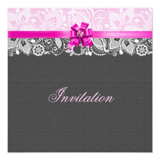 Black Linen Texture & White Vintage Lace 2 Personalized Invite