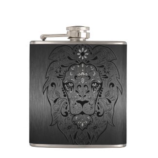 Black Lion Sugar Skull Metallic Gray Background Hip Flask