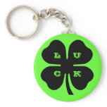 Black LUCK 4 Leaf Clover on Green Keychains