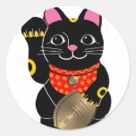 Black Maneki Neko Round Sticker
