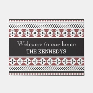 Black&Marsala Personalized Welcome Aztec Pattern Doormat