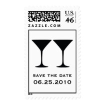 Black martini save the date wedding postage stamps