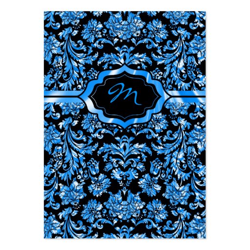 Black & Metallic Blue Floral Damasks Monogramed Business Cards (front side)