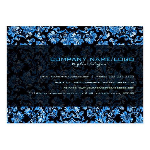 Black & Metallic Blue Floral Damasks Monogramed Business Cards (back side)