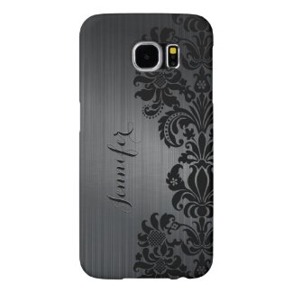 Black Metallic Brushed Aluminum & Floral Damasks Samsung Galaxy S6 Cases