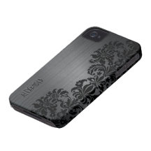 Black Metallic Brushed Aluminum & Floral Damasks Case-Mate iPhone 4 Cases