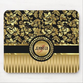 Black & Metallic Gold Floral Damasks & Stripes Mouse Pad