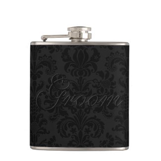 Black Monochromatic Floral Damasks Monogram Hip Flasks