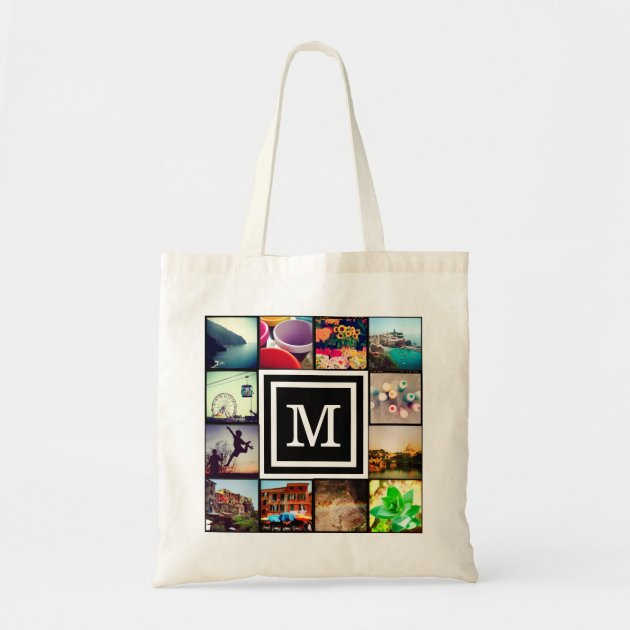 Black Monogram Instagram Photo Collage Budget Tote Bag