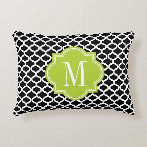 Black Moroccan Pattern with Lime Green Monogram Decorative Pillow Zazzle