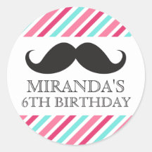 Black mustache aqua pink stripes birthday party round stickers