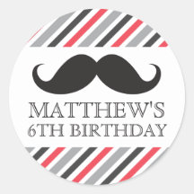 Black mustache gray red stripes birthday party stickers