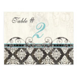 Black 'n White Damask Aqua Table Card Number Post Card